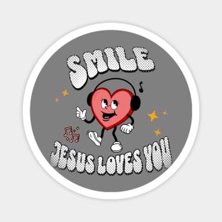 Smile Jesus Loves You - Groovy Heart design: White text color with a cheerful heart smiley face Magnet